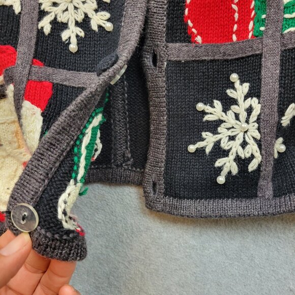 Vintage Mandal Bay Cardgan Womens XL Black Knit Santa Snowman Holiday Sweater - Picture 5 of 16